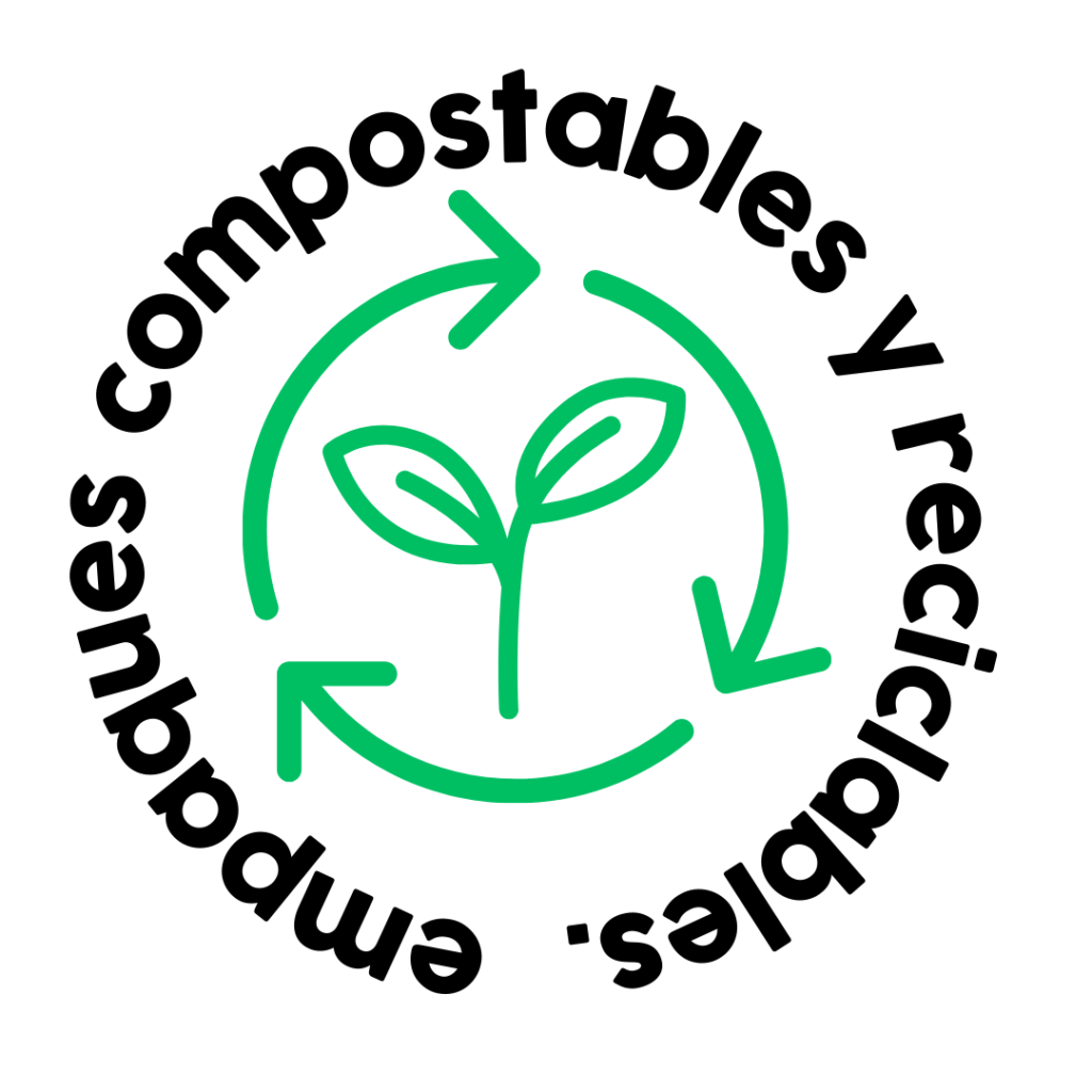 texto circular empaques compostables y reciclables con un símbolo verde de reciclaje en el centro.